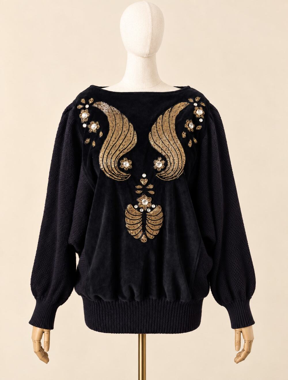 Vintage 80s Bonnie Boerer PRET M Black Gold Beaded Velour Dolman Sweater